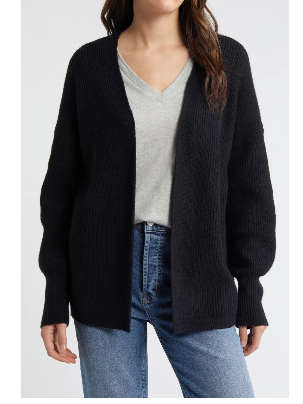 Treasure & Bond Black Open-Front Ribbed Knit Cardigan